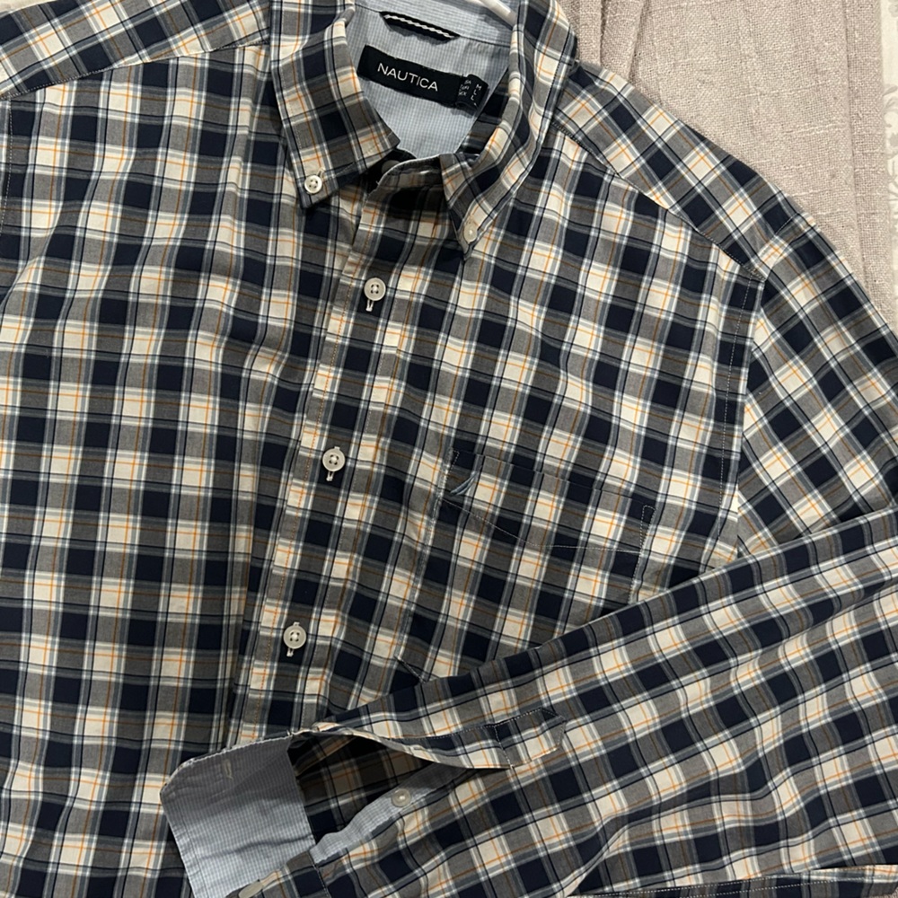 Plaid NAUTICA Long-sleeve Button-down Shirt, Blue/White/Orange, Wrinkle-Resist,M